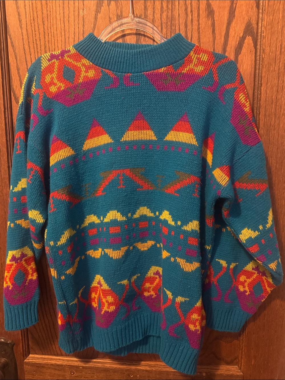 Vtg Teal Geometric Vintage-Inspired Sweater with Yellow & purple oversized M